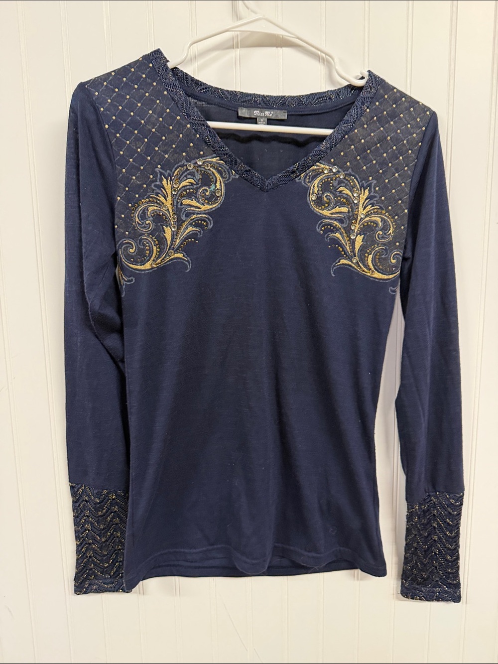 Miss Me Navy Long-Sleeve V-Neck Top with Gold Scroll Embroidery